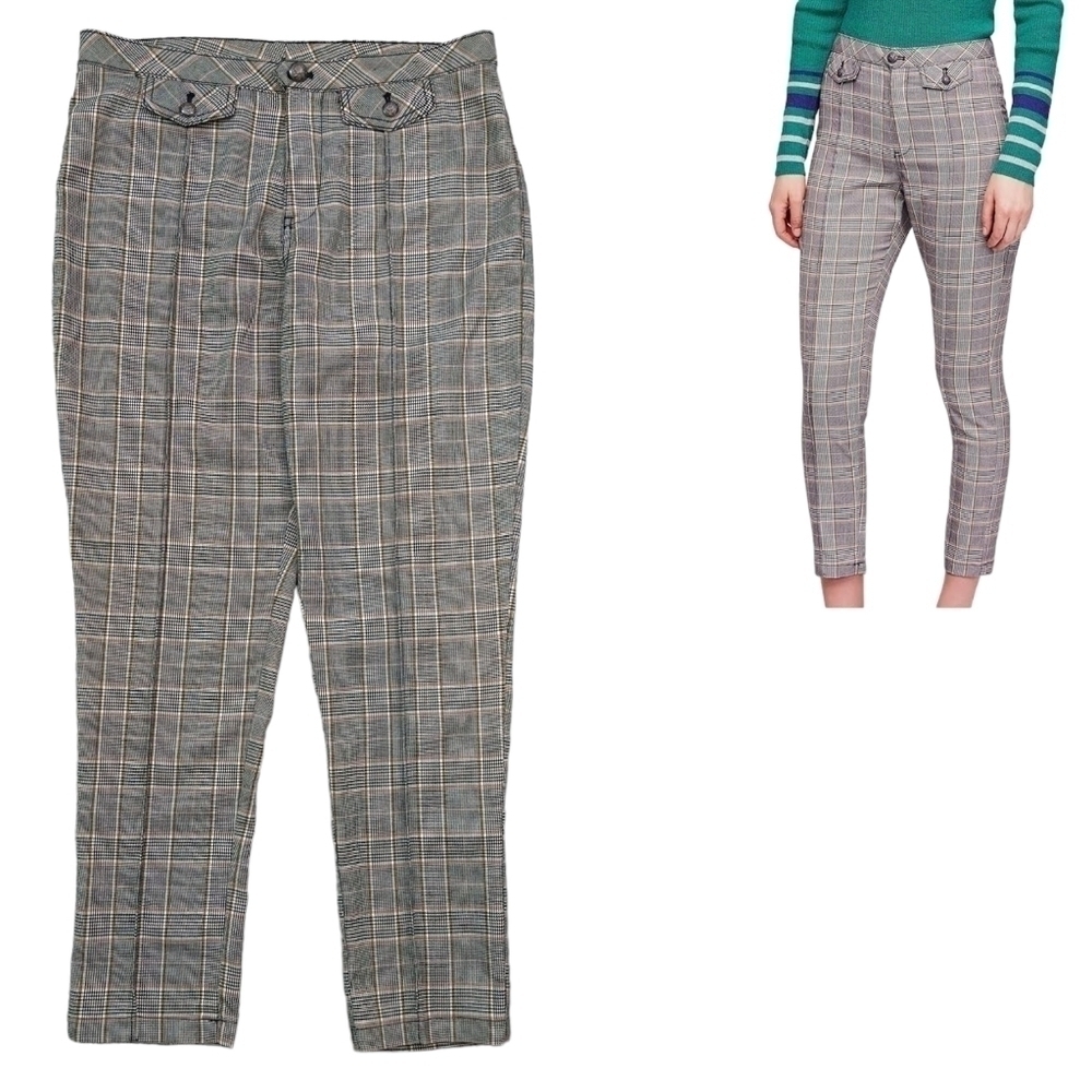 Free People Gray Plaid Mini-Houndstooth Front Seam Cropped Pants Academia Preppy
